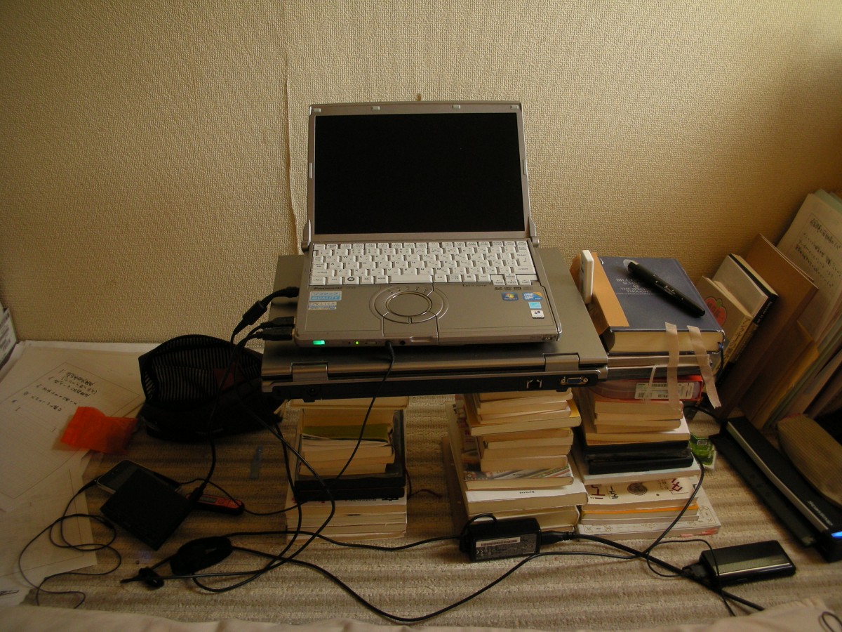 起業当初の作業台。本を積み重ねて机代わりにする。