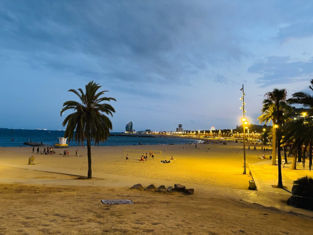 夕暮れのバルセロナのビーチ。ヤシの木と街灯、遠くにWホテル