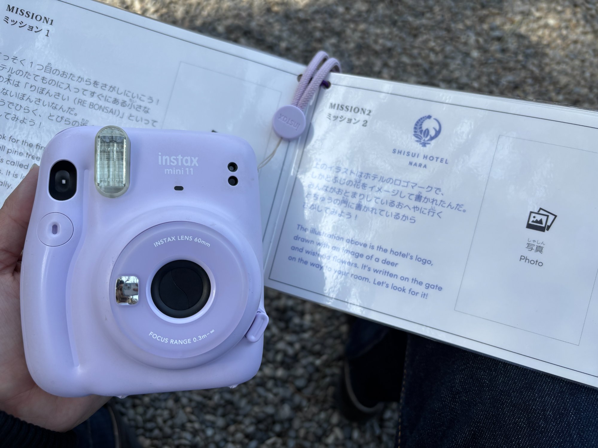 薄紫のチェキと、ミッションが書かれた子ども向けの冊子
